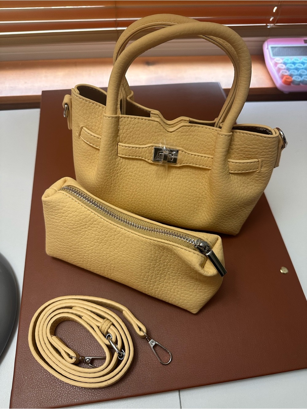 Compact Mustard Yellow Leather Tote with Removable Strap and Pouch